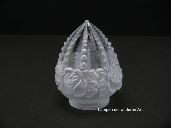 5-er Set Jugendstil Lampenschirm gebraucht, Glas teils klar, teils satiniert, plastisches Rosendekor umlaufend unterhalb des Schirmhalses, gekantete spitz zulaufende Wandung, Kanten mit Perlstabdekor, Nostalgie Ersatzglas, Glashalter Ø 8cm, stehend