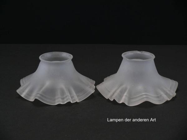 2-er Set Jugendstil Lampenschirm gebraucht, Glas satiniert, kegelförmig aufgezogene Wandung, im Rand zweifach gerillt, Nostalgie Ersatzglas, D: ca.14cm, H: ca.6,5cm, Glashalter Griffrand Ø 6cm