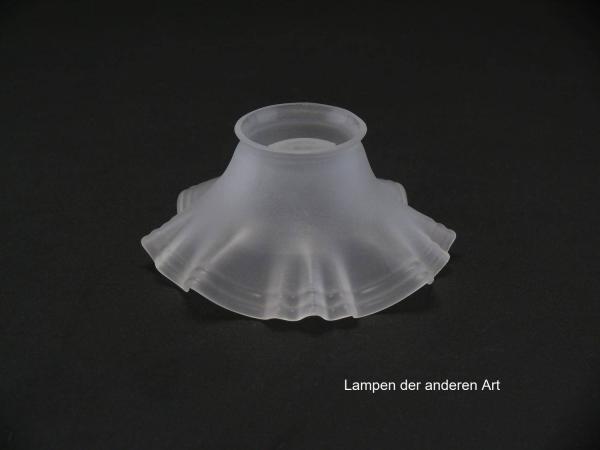 2-er Set Jugendstil Lampenschirm gebraucht, Glas satiniert, kegelförmig aufgezogene Wandung, im Rand zweifach gerillt, Nostalgie Ersatzglas, D: ca.14cm, H: ca.6,5cm, Glashalter Griffrand Ø 6cm, einzeln stehend