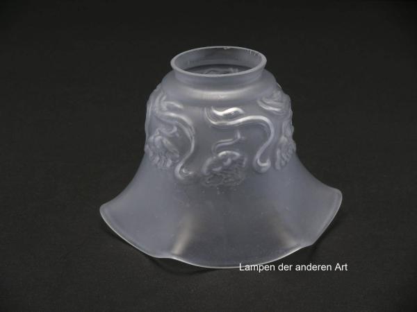 antiker Jugendstil Lampenschirm gebraucht, Glas satiniert, Wandung unterhalb der Schulter mit erhabenem Blumendekor, ausgestellter Rand sechsfach gekniffen, Nostalgie Ersatzglas,  Griffrand Ø6cm