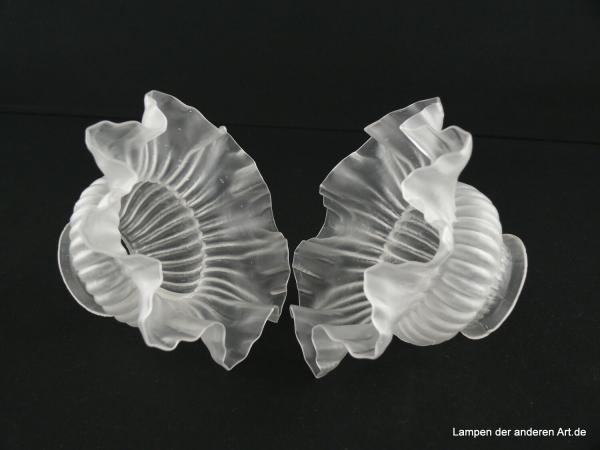 2-er Set Jugendstil Lampenschirm, Pärchen, gebraucht, Glas grau satiniert, stilisierte Blüte, zwiebelförmig eingeschnürte obere Wandungszone, waagerecht abstehender gekniffener Abschlussrand, Nostalgie Ersatzglas, leichte Gebrauchsspuren