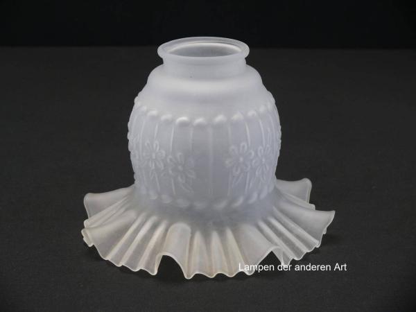 Jugendstil Lampenschirm gebraucht, Glas grau satiniert, ballonförmige Mitte, mit reliefierter Blumenbordüre verziert, gefalteter Rand, Nostalgie Ersatzglas D: ca.16cm, H: ca.11cm, Glashalter Griffrand 6cm