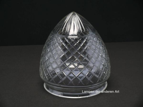 antiker Jugendstil Lampenschirm gebraucht, Klarglas, Zapfenform spitz zulaufend, in die Oberfläche geschliffene Quadrate und Strahlen zur Lichtbrechung - diese geben dem Glas seinen Glanz, Nostalgie Ersatzglas D: ca.16cm, H: ca.18cm, Griffrand 15cm