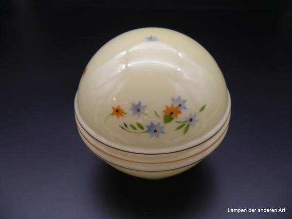 Art Deco Lampenschirm gebraucht, Glas, Kugel hellgelb, darauf Spritzdekor Blumenmotiv, Ersatzschirm D: 16cm, H: 15cm , Griff-Rand 8cm