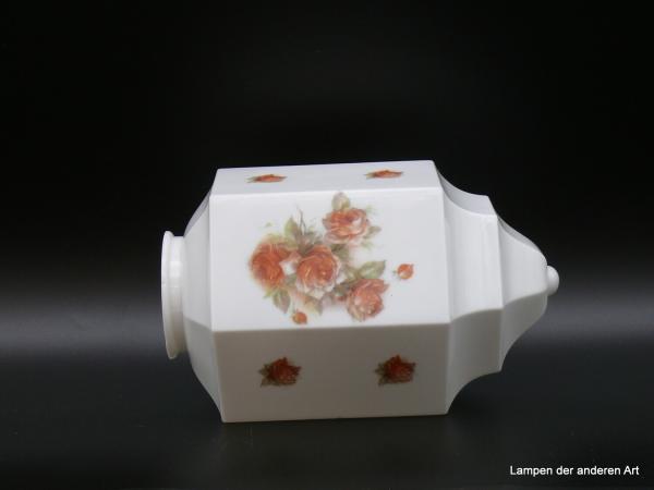 Jugendstil Lampenschirm gebraucht opal weiß mit Rosendekor, D: 16cm H: 24cm, Griffrand 8cm