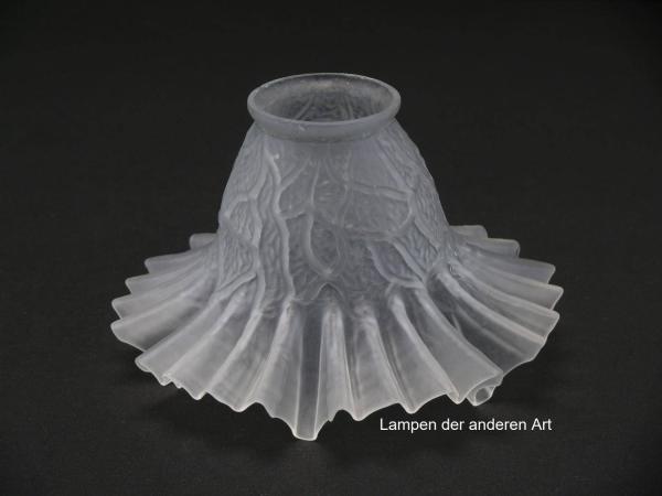 Jugendstil Lampenschirm gebraucht, Zylinder reliefierte Wandung, Dekor stilisiertes Myzel, eng gefalteter Abschlussrand, Nostalgieschirm Ersatzglas D: ca.17cm, H: ca.11cm, Glashalter Griffrand Ø 6cm