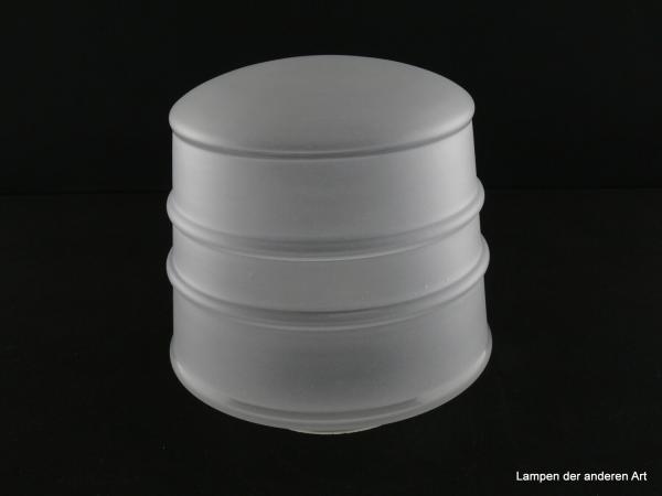 Art Deco Lampenschirm gebraucht, Glas satiniert grau, Form einer Tonne, abgerundeter Schirmabschluss, Wandung mittig durch zwei aufgeworfene Ringe strukturiert, Nostalgie Ersatzglas, Ersatzschirm D: ca.17cm, H: ca.18cm, Glashalter Griffrand 10cm