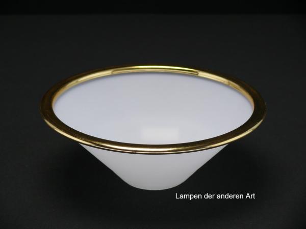 3-er Set Lampenschirm gebraucht, Kegelform, opal weiß, Oberfläche satiniert, Metallrand goldfarben, Nostalgie Ersatzglas, D: ca.18cm, H: ca.7cm, Achtung kein Glashalter, Loch Øca.40mm, einzeln von unten