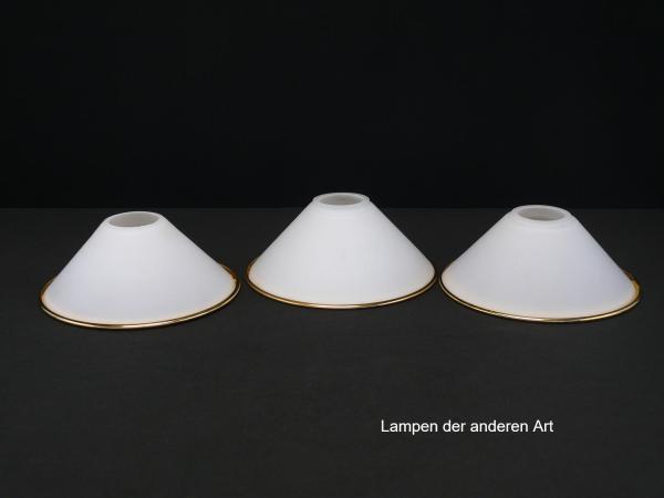 3-er Set Lampenschirm gebraucht, Kegelform, opal weiß, Oberfläche satiniert, Metallrand goldfarben, Nostalgie Ersatzglas, D: ca.18cm, H: ca.7cm, Achtung kein Glashalter, Loch gemessen 38/40/42mm