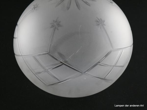 Alter Jugendstil Kugelschirm mit Sternschliff, Kerbschliff, geometrische Ornamente, gebraucht, Nostalgieglas, Ersatzschirm D: 18cm, H: 16cm, Glashalter Griffrand 8cm, leichte Kratzer