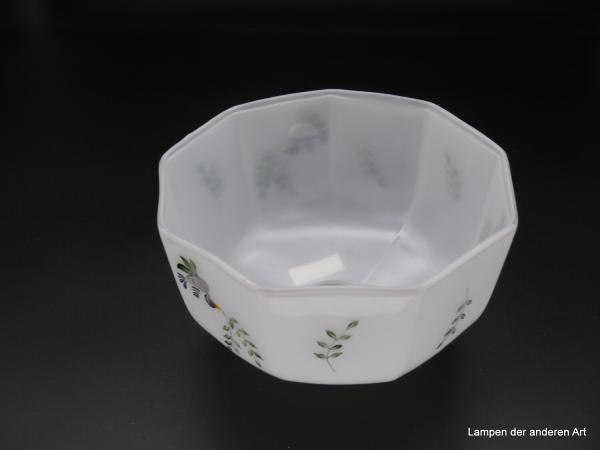 Jugendstil Lampenschirm, Glas weiß opal, handgemaltes Dekor, Naturmotive Zweige und Vogel mit Zweig, Ersatzglas, D: 18cm H: 11cm Griffrand : 6cm von innen