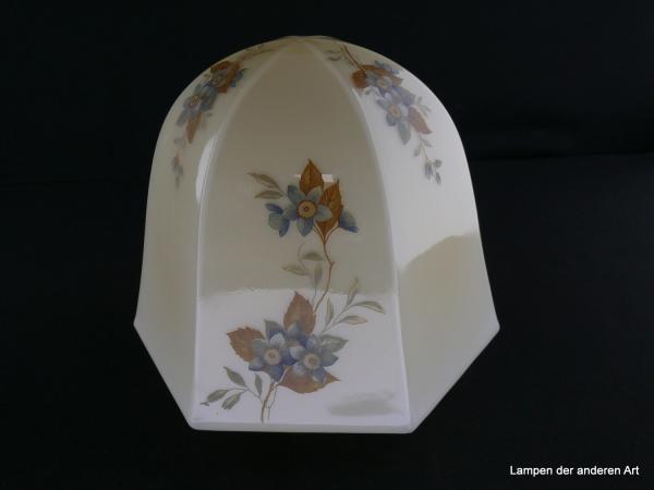 Jugendstil Lampenschirm gebraucht, Glaskörper gelb umrankt von Blüten und floralen Elementen, Wandung gekantet, Nostalgie Ersatzglas, D: ca.21cm H: ca.19cm, Griffrand Glashalter 10cm