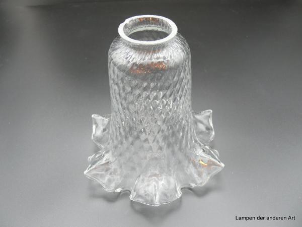 Jugendstil Lampenschirm gebraucht, sehr schlanke Blütenkelchform, ausgestellter Rand, Klarglas D: 19cm H: 18cm , Griff-Rand 6cm