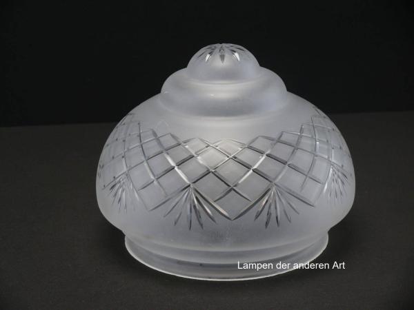 Jugendstil Lampenschirm, Kuppelschirm gebraucht, Glas grau satiniert mit Schliff, final Strahlen, umlaufend Rautenband, Wandung zweifach geschnürt, D: ca. 20cm, H: ca. 15cm, antikes Ersatzglas