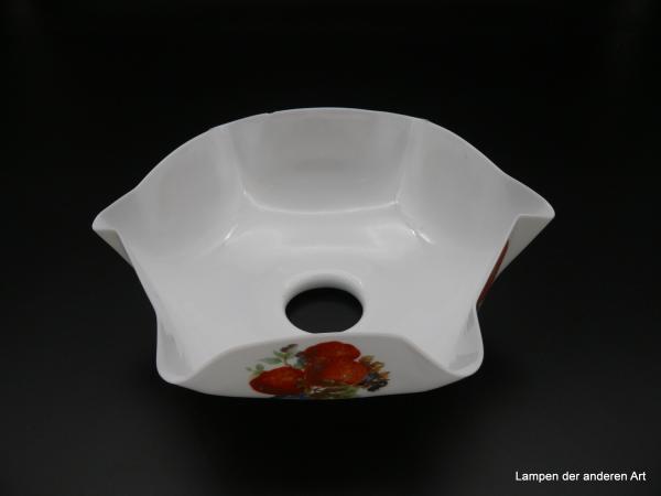 Jugendstil Lampenschirm gebraucht, Glas opal weiß mit Früchtedekor, verschiedene Motive, gekniffener Rand, Ersatzschirm D: 24cm, H: 9cm, Griffrand 6cm von innen