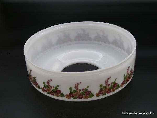 Jugendstil Lampenschirm gebraucht, gemarkt Autosit Schott&Gen. Jena, opal weißer kurzer Glaszylinder, dessen Wandung von Blumen und Blattwerk geschmückt ist, Rand für Perlbehang, Nostalgieglas D: 25cm, H: 9cm, ohne Griffrand, Loch innen ca.10,3cm, unten