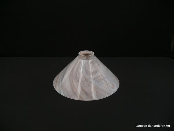 Jugendstil Kegelschirm gebraucht, glattwandiger Glaskörper, graue und braune Venen auf weiß durchscheinendem Grund, D: 25cm, H: 12cm, Griffrand 6cm
