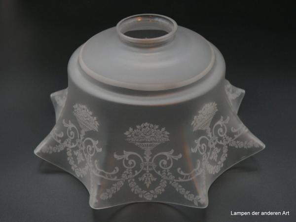 seltener großer Jugendstil Lampenschirm, gebraucht, geätztes Dekor, D: 25cm, H: 13cm, Griff-Rand: 6cm