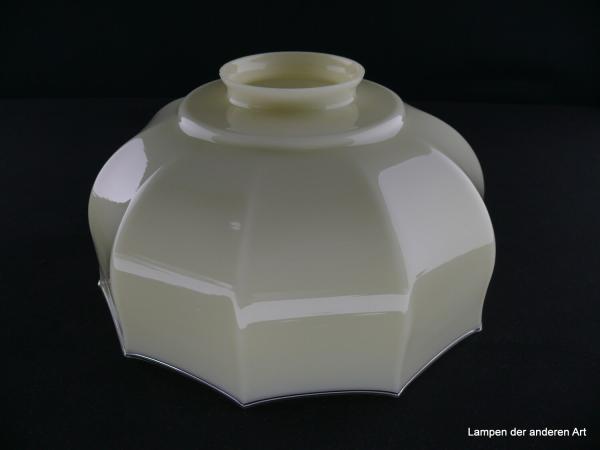 alter Lampenschirm im Jugendstil aus Glas, gebraucht, in hellem Gelb, gekniffene Kanten, Ersatzglas D: ca. 25cm, H: ca. 13cm, Nostalgieglas, Glashalter Griffrand 8cm