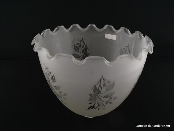großer Jugendstil Lampenschirm gebraucht, Glas satiniert, Ätzdekor floral umlaufend, gleichmäßig gewellter unterer Rand, Nostalgie Ersatzglas, D: ca. 25cm, H: ca.19cm, Glashalter Griffrand 6cm, von unten