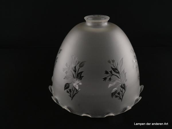 großer Jugendstil Lampenschirm gebraucht, Glas satiniert, Ätzdekor floral umlaufend, gleichmäßig gewellter unterer Rand, Nostalgie Ersatzglas, D: ca. 25cm, H: ca.19cm, Glashalter Griffrand 6cm