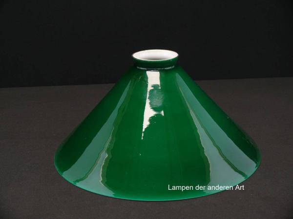 Jugendstil Lampenschirm, antikes hochwertiges Überfangglas, innen weiß, außen sattes flaschengrün, Kegelform, Nostalgie Ersatzschirm, D: ca. 26,5cm, H: ca.13cm, Glashalter Griffrand 6cm