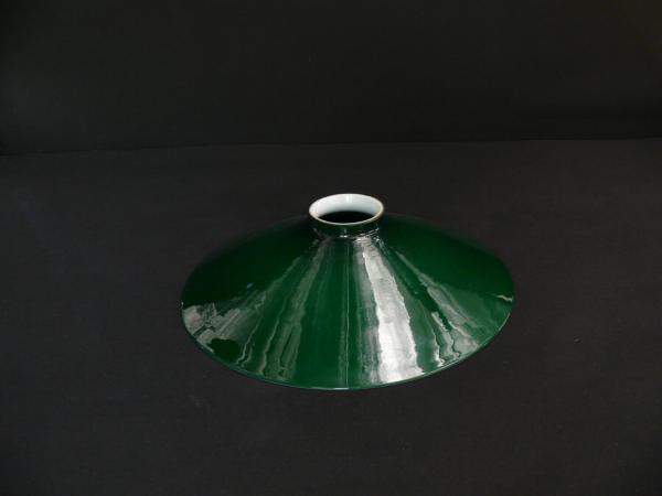 Jugendstil Lampenschirm gebraucht, Überfangglas, Kegelform dunkelgrün (flaschengrün) H=6,5cm, D=26cm, Ersatzglas, Glashalter Griffrand 6cm