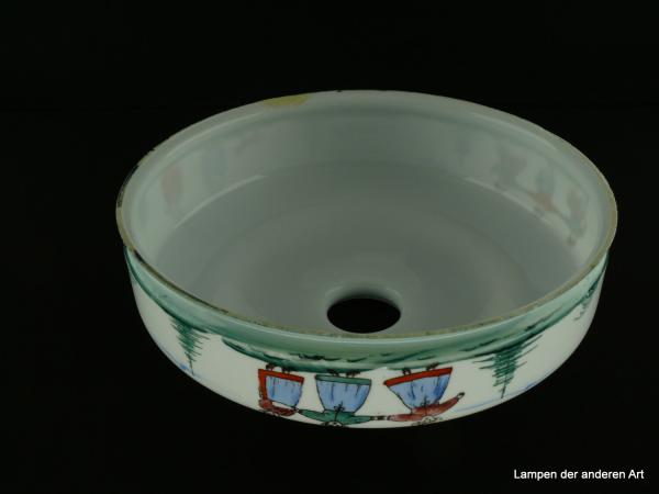 Jugendstil Lampenschirm gebraucht, Glas weiß opaler Grund, umlaufend bemalt, Bauernmalerei, verschiedene Motive, mit Perlfransenrand, Nostalgie Ersatzglas, D: ca. 26cm, H: ca.10cm, Glashalter Griffrand 6cm, von unten