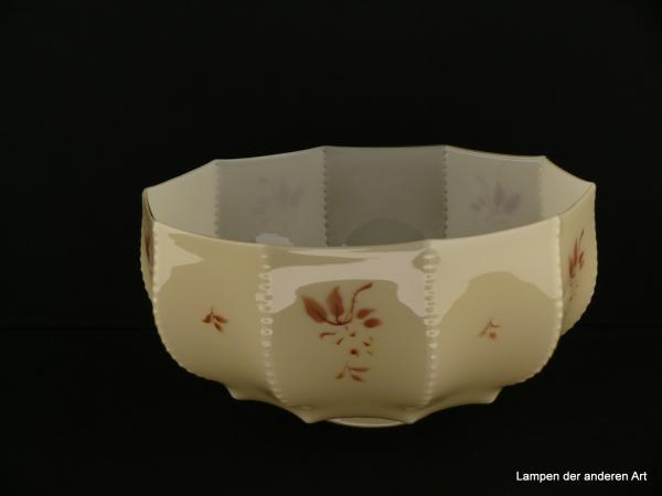 Jugendstil Lampenschirm gebraucht, braunes Dekor floral, elfenbeinfarbener Grund, gekantete Wandung, Nostalgie Ersatzschirm D: ca.26cm, H: ca.12cm, Glashalter Griffrand 8cm, von unten