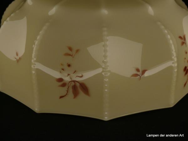 Jugendstil Lampenschirm gebraucht, braunes Dekor floral, elfenbeinfarbener Grund, gekantete Wandung, Nostalgie Ersatzschirm D: ca.26cm, H: ca.12cm, Glashalter Griffrand 8cm, Detail Dekor