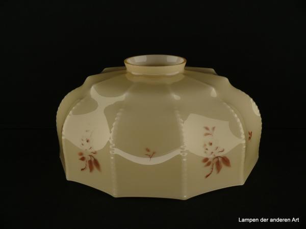 Jugendstil Lampenschirm gebraucht, braunes Dekor floral, elfenbeinfarbener Grund, gekantete Wandung, Nostalgie Ersatzschirm D: ca.26cm, H: ca.12cm, Glashalter Griffrand 8cm