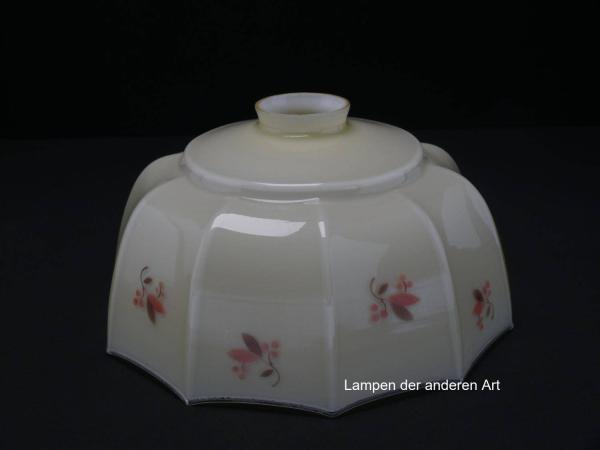 antiker Jugendstil Lampenschirm gebraucht, orange-braunes Dekor floral, elfenbeinfarbener Grund, gekantete Wandung, Nostalgie Ersatzschirm D: ca.26cm, H: ca.14cm, Glashalter Griffrand 6cm