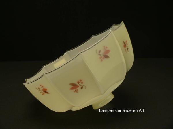 antiker Jugendstil Lampenschirm gebraucht, orange-braunes Dekor floral, elfenbeinfarbener Grund, gekantete Wandung, Nostalgie Ersatzschirm D: ca.26cm, H: ca.14cm, Glashalter Griffrand 6cm, seitlich