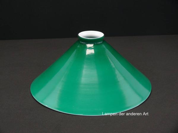 Jugendstil Lampenschirm, antikes hochwertiges Überfangglas, innen weiß, außen grün, Kegelform, Nostalgie Ersatzschirm, D: ca. 26,5cm, H: ca.12cm, Glashalter Griffrand 6cm