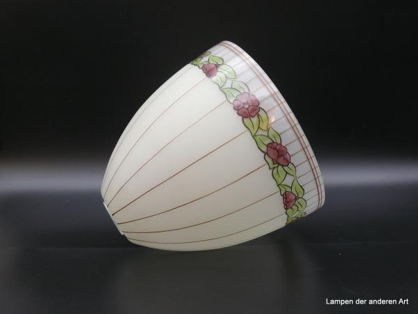 Jugendstil Lampenschirm gebraucht mit Blumenmotiv handbemalt, umlaufendes Band mit Blumenranke, Art Deco, D: 27cm, H: 25cm, Loch 45mm liegend