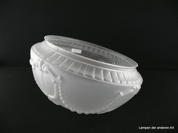 Jugendstil Lampenschirm gebraucht, Glas, satinierte Oberfläche, reliefiert verziert, teils mit Perlenbändern und ovalen Ornamenten, Kuppelschirm, Nostalgie Ersatzschirm D: 30cm, H: 18cm, Glashalter Griffrand 25cm, von unten