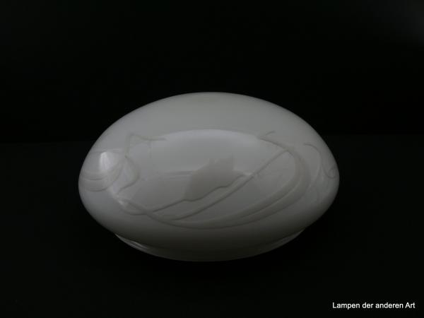 Jugendstil Lampenschirm gebraucht, alter originaler Pilzschirm, Glas opal weiß mit matt-weißer Jugendstilmalerei; Nostalgieglas D: 30cm, H: 13cm, Glashalter Griffrand 25cm