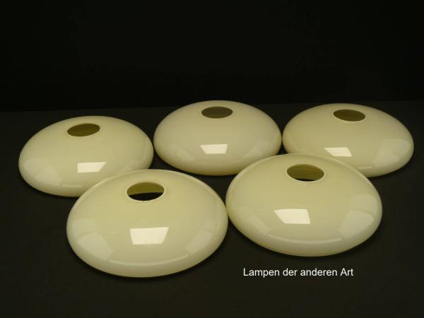 5-er Set Art Deco Lampenschale gebraucht, Glas, elfenbeinfarben, glatte glänzende Oberfläche, Nostalgie Ersatzglas D: ca.22cm, H: ca.6cm, ohne Glashalter Griffrand, Loch ca. 45mm