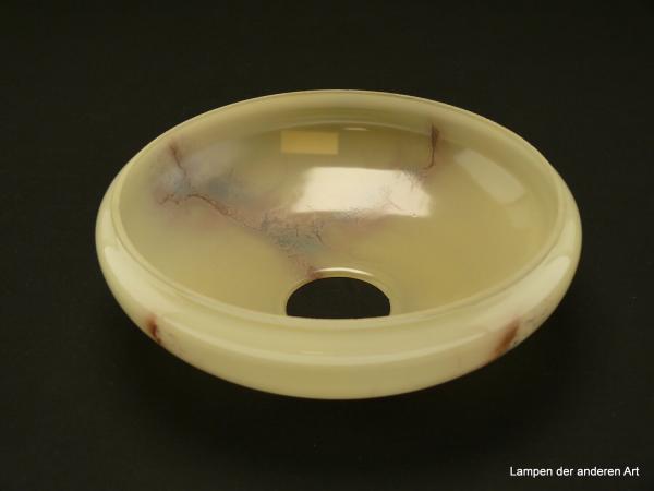 Art Deco Lampenschale gebraucht, Glas, Grund gelb, braun-grau marmoriert durchzogen, glatte glänzende Oberfläche, Nostalgie Ersatzglas D: ca.22cm, H: ca.6,5cm, ohne Glashalter Griffrand, Loch gemessen ca. 48mm, von unten
