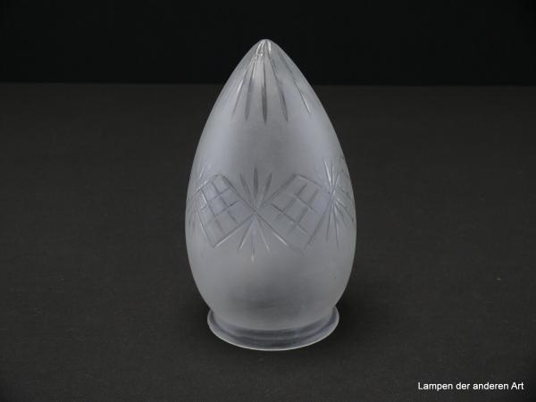 Jugendstil Lampenschirm gebraucht, 3-er Set, Zapfenform, Glas grau satiniert mit Schliffdekor, final Strahlen, umlaufend Rautenband, Nostalgieglas, Ersatzschirm, D:  ca.10cm, H: ca. 16cm, Glashalter Griffrand 8cm, einzeln stehend