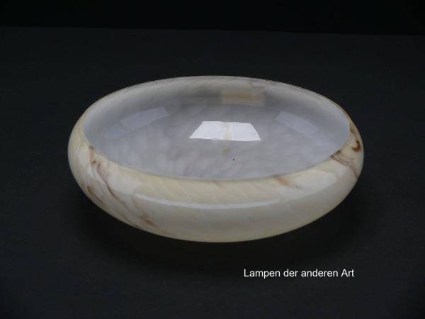 5-er Set Art Deco Lampenschalen, gebraucht, hellgelb-braun marmoriertes Glas, innen weiß, farblich zueinander passend aber verschieden marmoriert, glatte Oberfläche, Nostalgie Ersatzglas für alte Lampen D: ca.20cm, H: ca.6,5cm, Loch 45mm, Innenseite