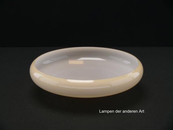 3-er Set Art Deco Lampenschale gebraucht, Glas, gelb, glatte glänzende Oberfläche, Ersatzglas für alte Lampen, D: ca.33cm, H: ca.6,5cm, Loch ca. 45mm, besondere Wölbung der Wandung, Innenseite