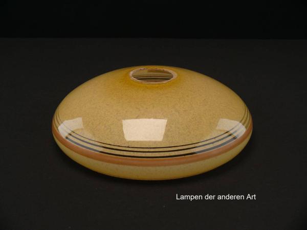 3-er Set Art Deco Lampenschale gebraucht, Glas, gelb, außen glatte glänzende Oberfläche, innen weiße Pinselstruktur, Ringlinien durchsichtig und eine in orange am Rand, Nostalgie Ersatzglas für alte Lampen, Loch Ø45mm, einzeln