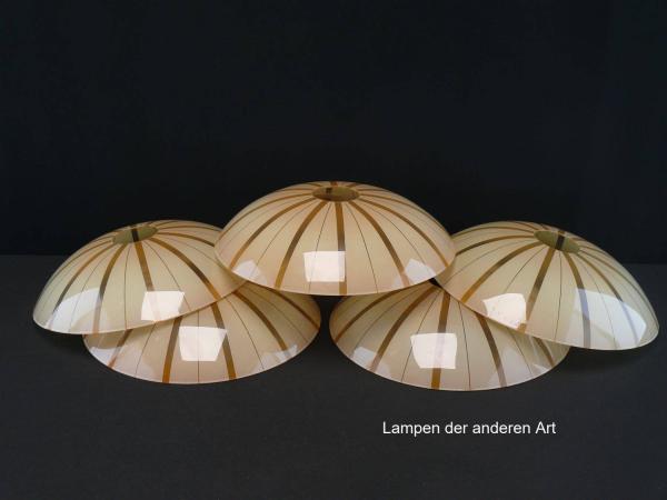 antikes 5-er Set Art Deco Lampenschirm gebraucht, Glas, hellbeige, schmale und breite Streifen im Wechsel, Nostalgie Ersatzglas für alte Lampen, D: ca.24cm, H: ca.5,5cm, ohne Glashalterand Griffrand, Loch 45mm