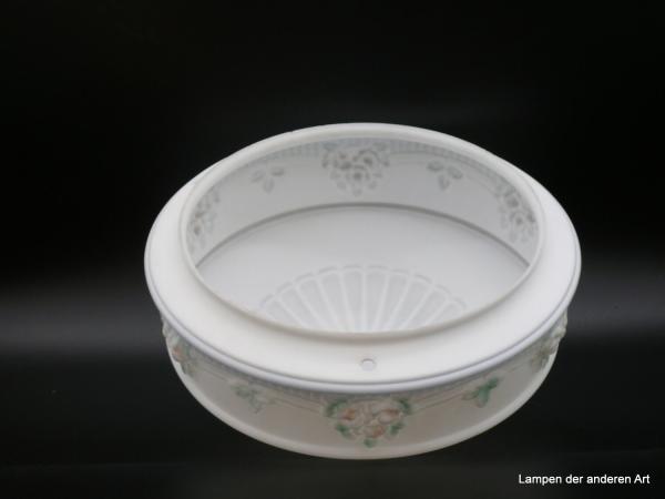 Jugendstil Lampenschirm für Hängeampel gebraucht, opal weiß mit Blumenrelief, dezent bemalt, D: 38cm, H: 16cm von innen