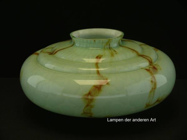 Art Deco Lampenschirm gebraucht, geschlossenes Glas, mintfarbener Grund, braun marmoriert, Kuppelschirm, Wandung dreifach getreppt, Loch unten Ø5mm für Quaste, Nostalgie Ersatzglas für alte Lampen, D: ca.30cm, H: ca.15cm, Glashalter Ø10cm, von unten