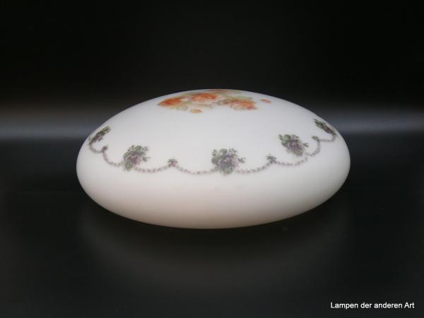 Jugendstil Lampenschirm gebraucht, opal weiß mit Rosendekor und umlaufender Blütenranke Veilchen für Hängeampel D: 40cm H: 12cm