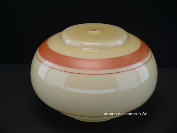 Art Deco Lampenschirm gebraucht, antikes Glas, gelber Grund, orangerote Ringlinien,  Loch für Quaste Ø6mm, Nostalgie Ersatzglas für alte Lampen, D: ca.23cm, H: ca.15cm, Glashalter Griffrand Ø10cm