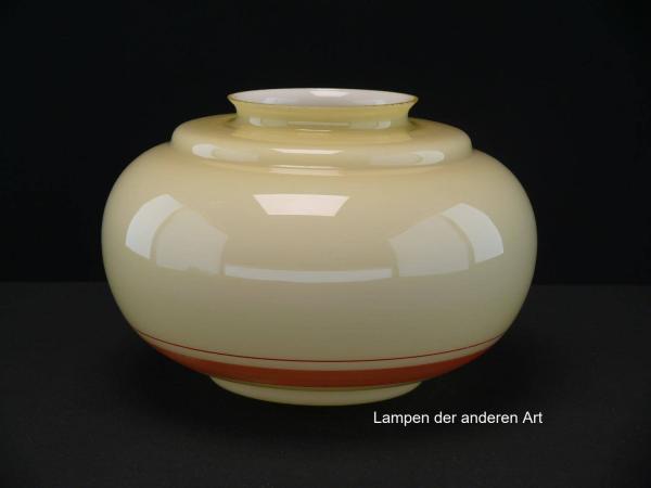 Art Deco Lampenschirm gebraucht, antikes Glas, gelber Grund, orangerote Ringlinien,  Loch für Quaste Ø6mm, Nostalgie Ersatzglas für alte Lampen, D: ca.23cm, H: ca.15cm, Glashalter Griffrand Ø10cm, von unten