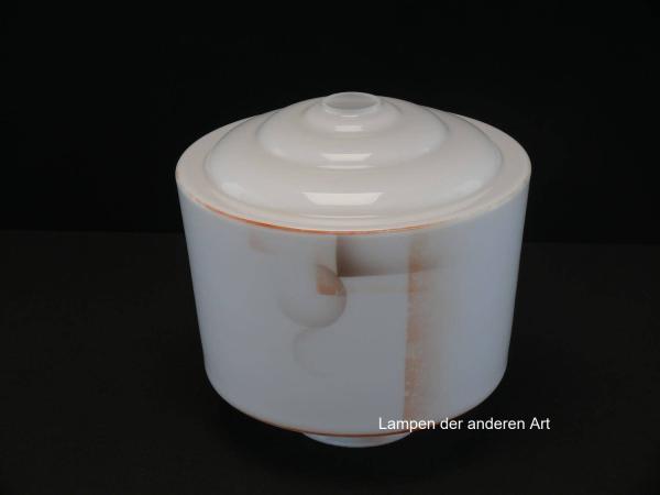 Art Deco Lampenschirm gebraucht, weißer Untergrund, geometrisches Spritzdekor - berieben, Loch unten Ø28mm, Nostalgie Ersatzglas für alte Lampen, D: ca.20cm, H: ca.19cm, Glashalter Griffrand Ø8cm
